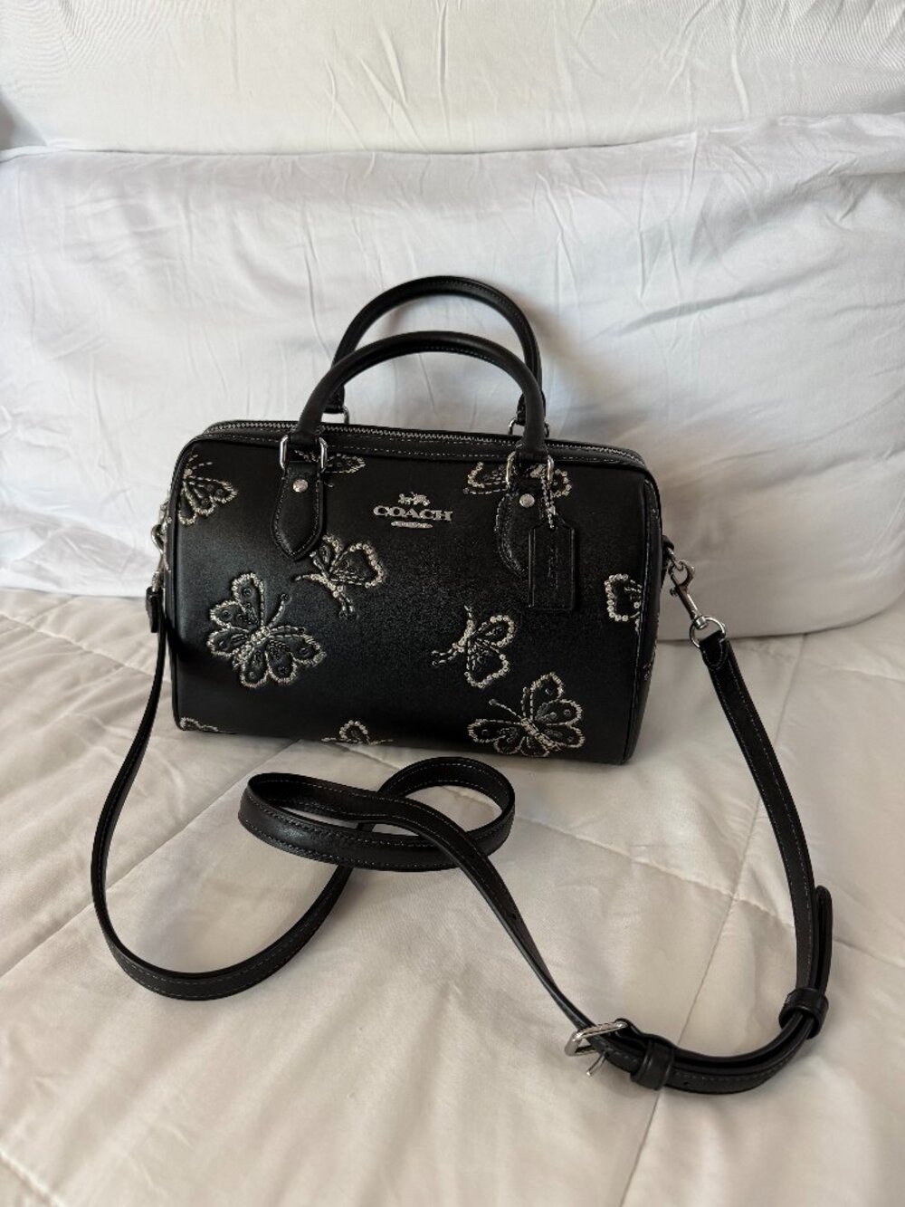 Coach Rowan Satchel Bag With Embroidered Butterfly Print (Black/Silver)
